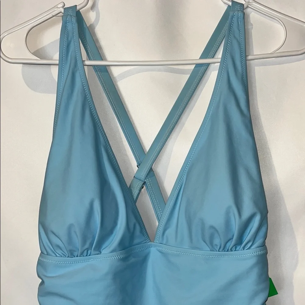 2 pc Beachsissi Tankini Powder Blue Floral Print Bottom Solid Ruched Top Sz L